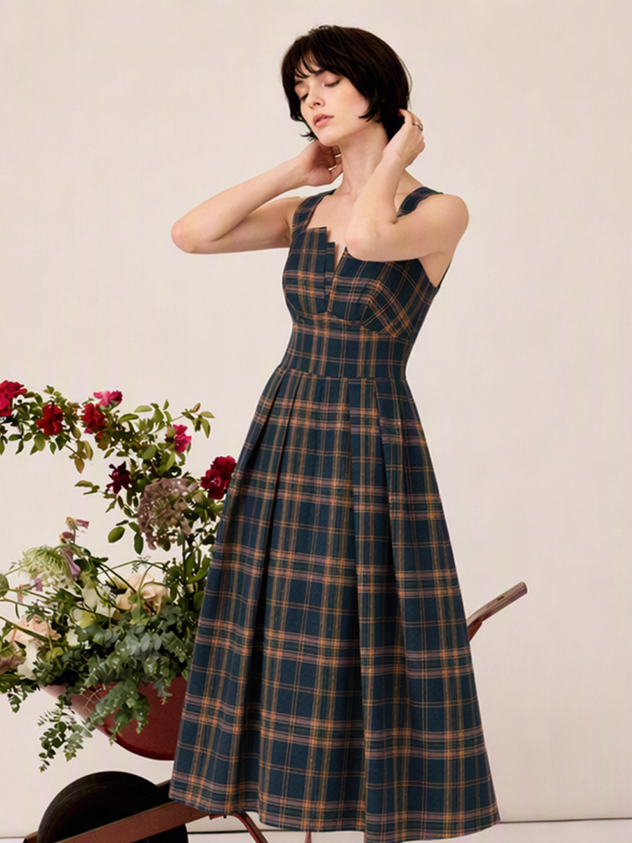 Plaid Camisoles Retro Waist Shaping Big Swing Midi Dresses