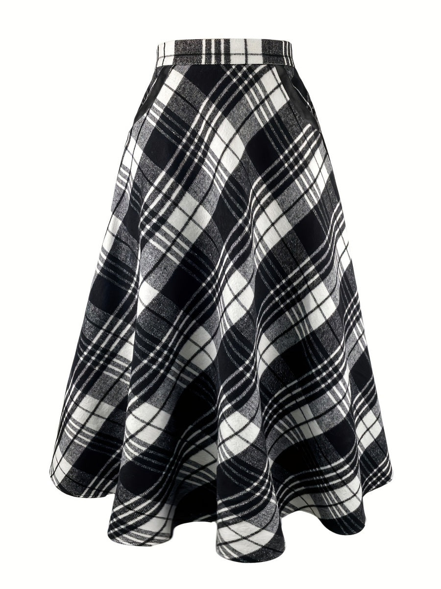 Plaid Woolen Cloth Big Pocket Long Umbrella Skirt Commuting Skirts