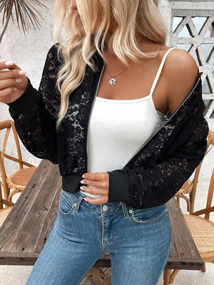 Short Lace Jacquard Lace Perspective Zipper Jacket Jackets