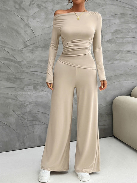 Leisure Pleated Solid Color Long Sleeve 2-piece Sets