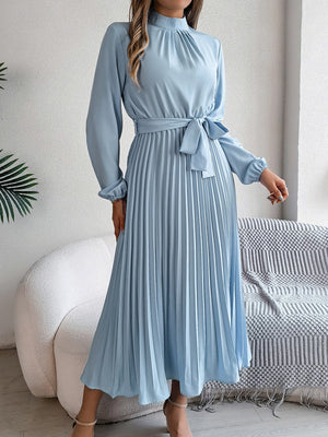 Stand Collar Long Sleeve Waist Pleats Midi Dresses