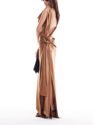 Satin Flowers Formal Dress Slit Maxi Dresses