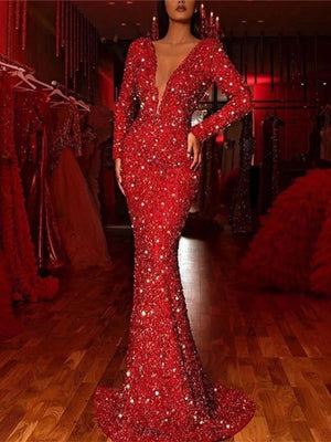 Maxikleider mit V-Ausschnitt, langen Ärmeln, Glitzer und Meerjungfrauensaum