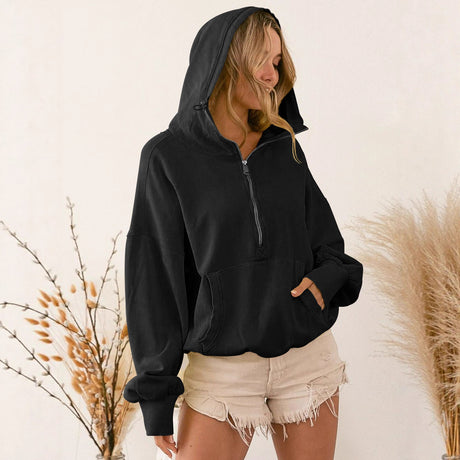 Women's Autumn/Winter Solid Color Half-Zip Long-Sleeve Kangaroo Pocket Hooded Sweatshirt