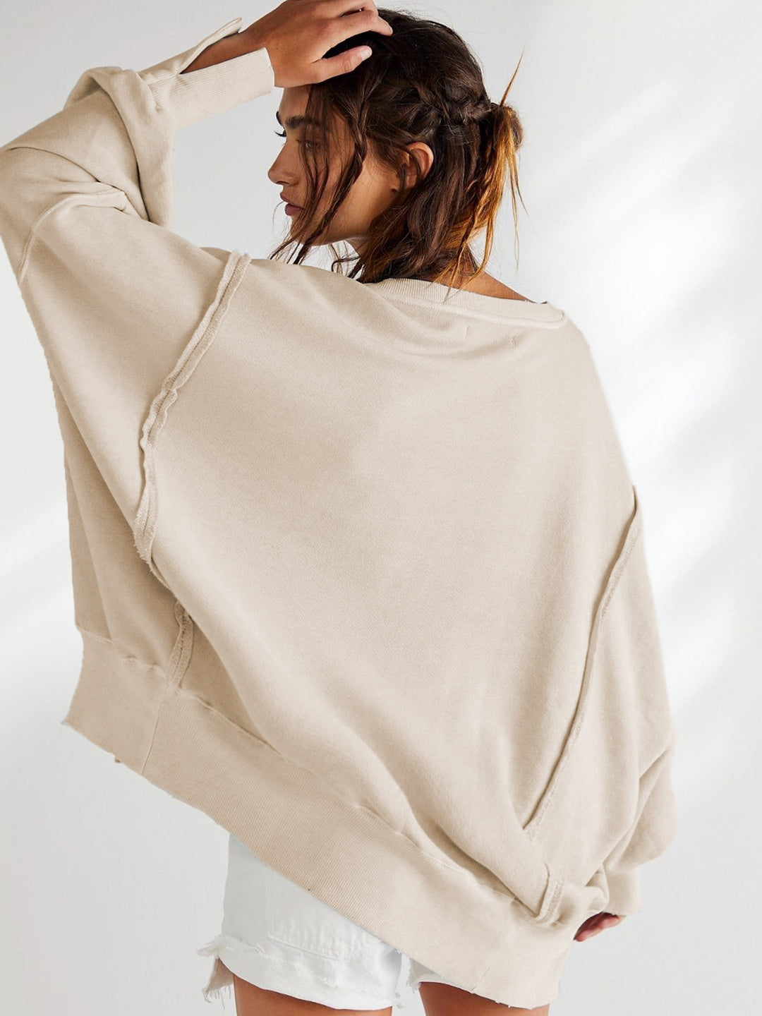 Women's Autumn/Winter Solid Color Frayed Edge Long Sleeve Side-Slit Sweatshirt
