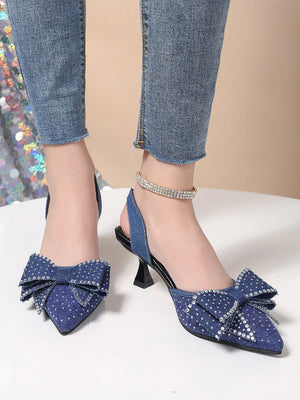 Rhinestone Pointed Bow Backless High Heels