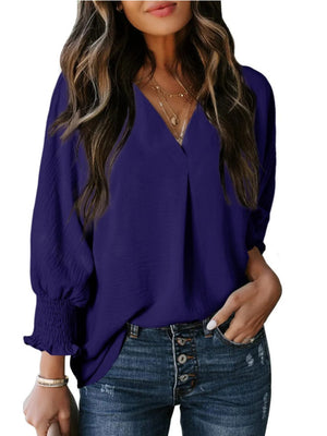 V-neck Long Sleeve Roll Up The Cuffs Shirt T-shirts