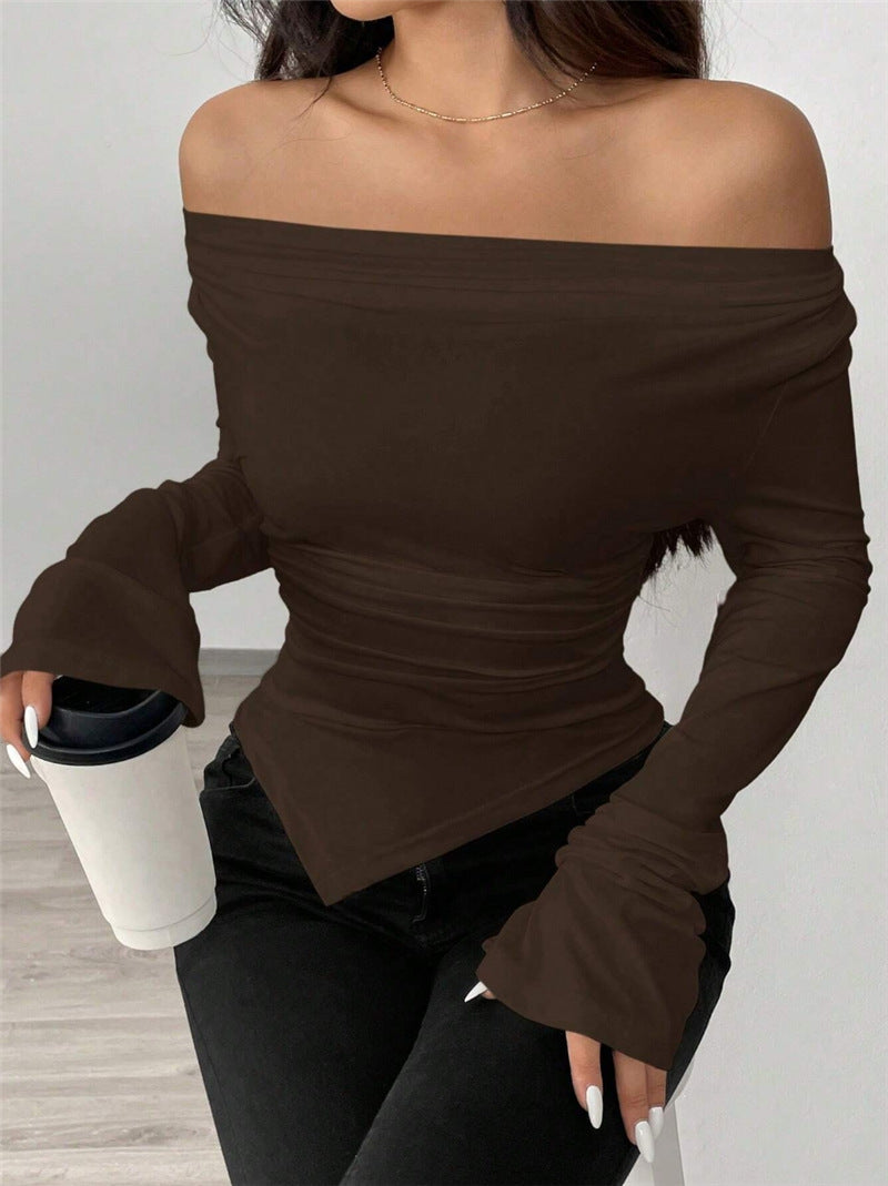 V-neck, Off-shoulder, Two-way Design, Slim Fit, Pleated, Irregular Long-sleeved T-shirt