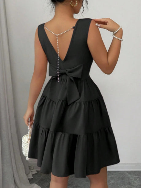 A-line Solid Color Backless Sleeveless Short Dress With A Cinched Waist And Bow