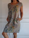 Printed Cotton And Linen Pocket Crew Neck Short Sleeve Mini&Short Dresses