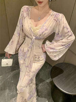 [Slip Dress + Floral Cardigan] Sexy Two-Piece Set With Printed V-Neck Lace Trim And Slim Fit