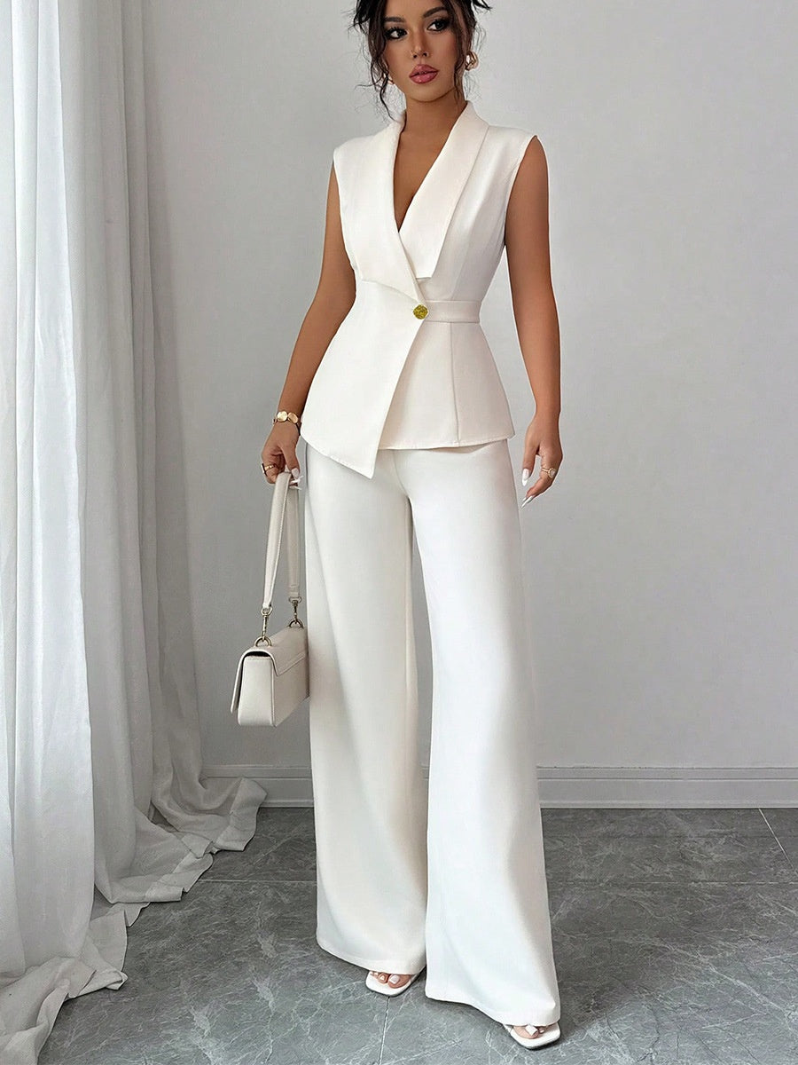 Buttons White V-neck Tank Tops Suit Trousers 2-piece Sets