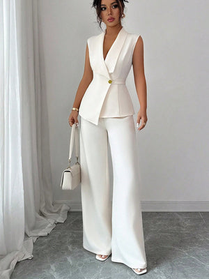 Buttons White V-neck Tank Tops Suit Trousers 2-piece Sets