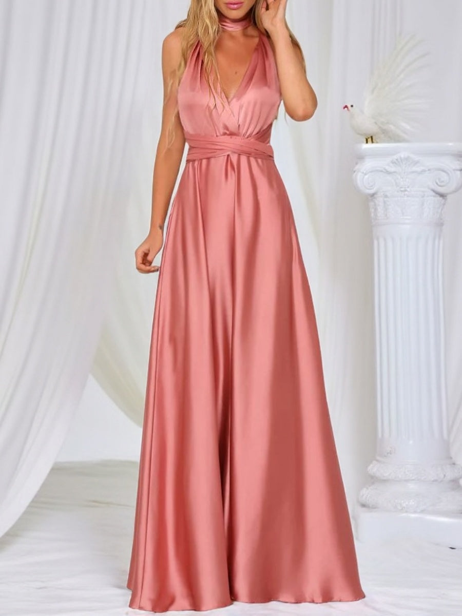 V-neck Satin Ribbon Long Skirt Parties Maxi Dresses