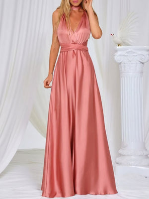 V-neck Satin Ribbon Long Skirt Parties Maxi Dresses