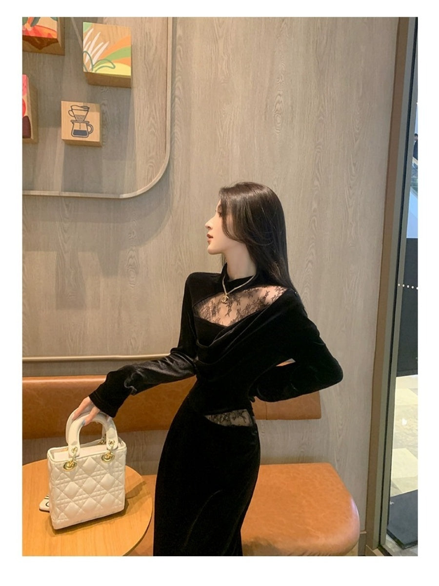 Velvet Dress, Women's Style, Rich Heiress Look, Lace Long-sleeved Black Dress