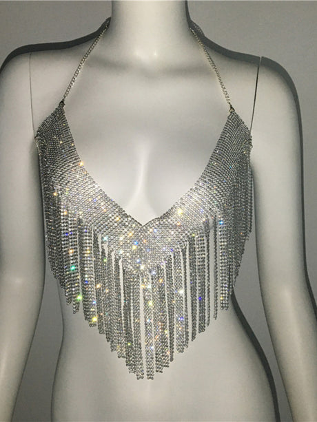 Diamond Sequins Tassel Halter Neck And Backless Tank Tops&Camis