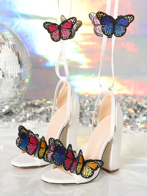 Embroidered 3D Suede Butterfly Strap Chunky Heel Fashion Sexy High-heeled Sandals
