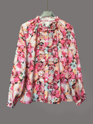 Floral Print Ruffled Round Neck Long-sleeved Shirt