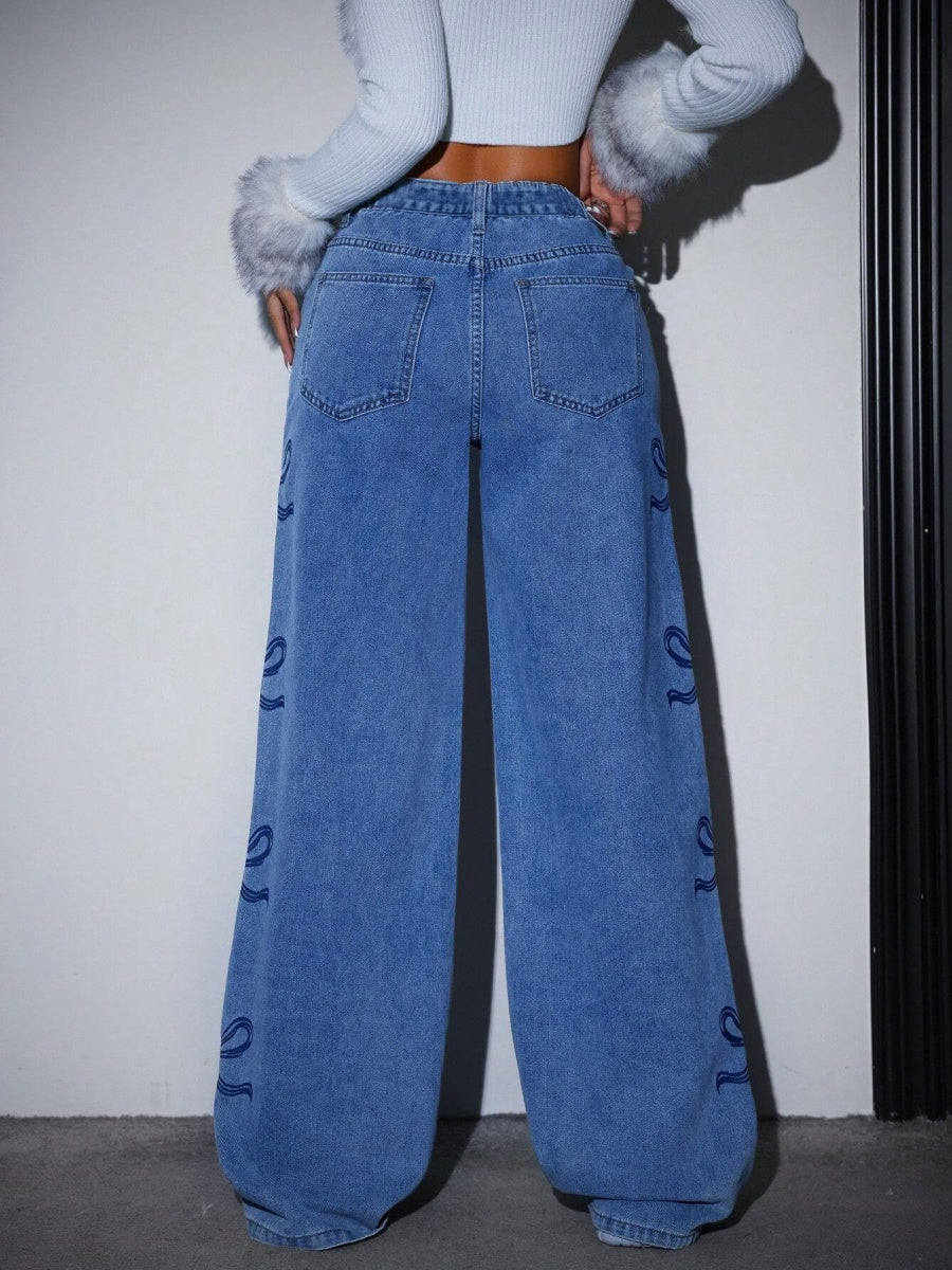 Y2K Spice Girl High Waist Wash Water Bow Straight Jeans