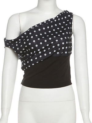 Polka Dots One-shoulder Off-shoulder Cropped Top And Cinched Waist Tank Tops&Camis