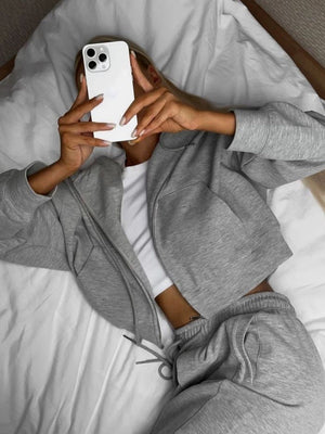 Liber Autumn women's clothing with pockets solid color Sweatshirts&Hoodies Long sleeve cardigan two piece set