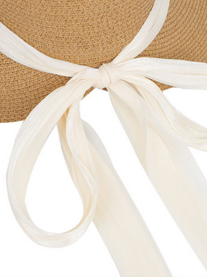 Beach Vacation Sunshade Straw Hat With Wide Brim, Bow And Ribbon