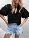 V-neck Buttons Hollow Lace Embroidery Shirts