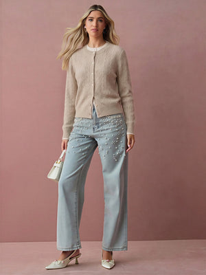 Cable Knit Color-blocked Trim Faux Two-piece Round Neck Knit Cardigan
