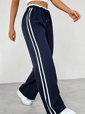 Drawstring High-waisted Wide-leg Pants Loose-fit Drape Sports Pants