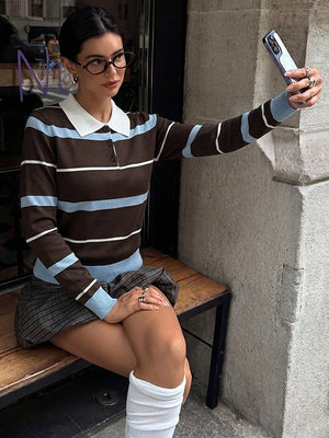 Preppy Style Striped Color-blocked Polo Collar Long-sleeved Fitted Sweater
