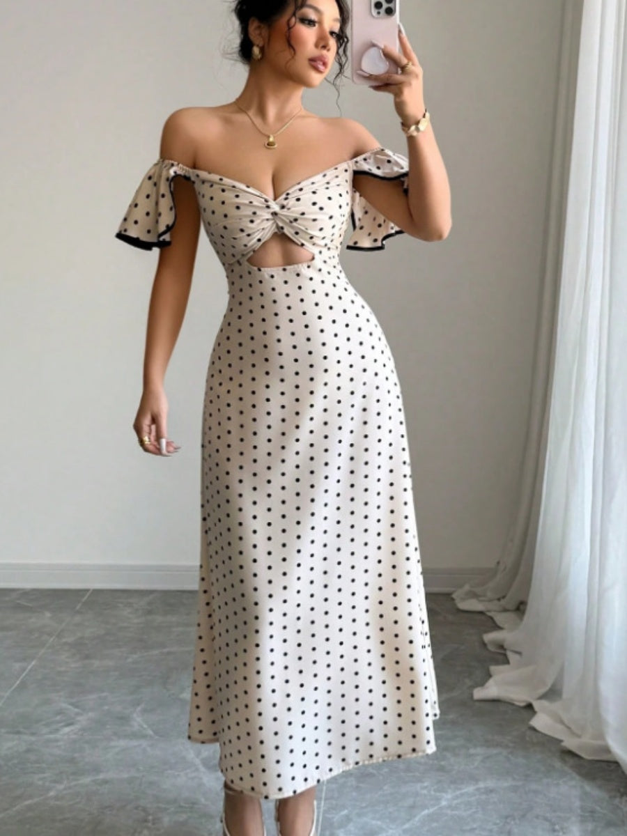 Apricot-colored Fitted Waist V-neck Off-shoulder Polka Dot Flutter Sleeve Long Dress