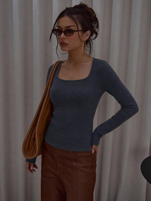 Wool Square Neck Plain Knit Long-sleeved Pullover Sweater
