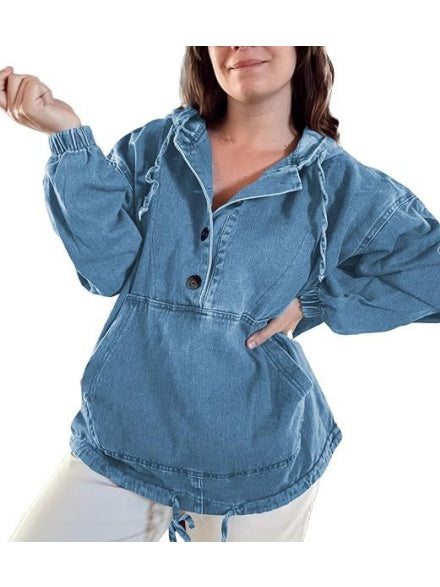 Button-up Pullover Denim Hoodie