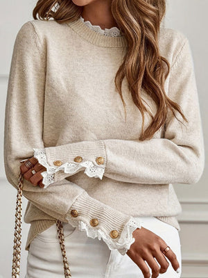 Splicing Lace Trim Crew Neck Long Sleeve Buckle Pullover Knit Sweater