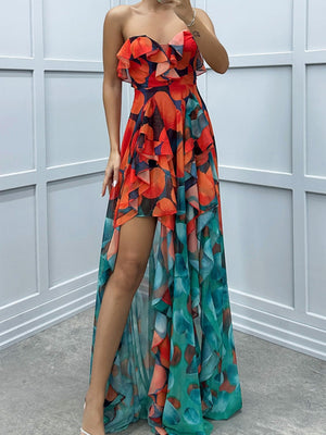 Mesh Printed Slit Ruffle Formal Dress Maxi Dresses