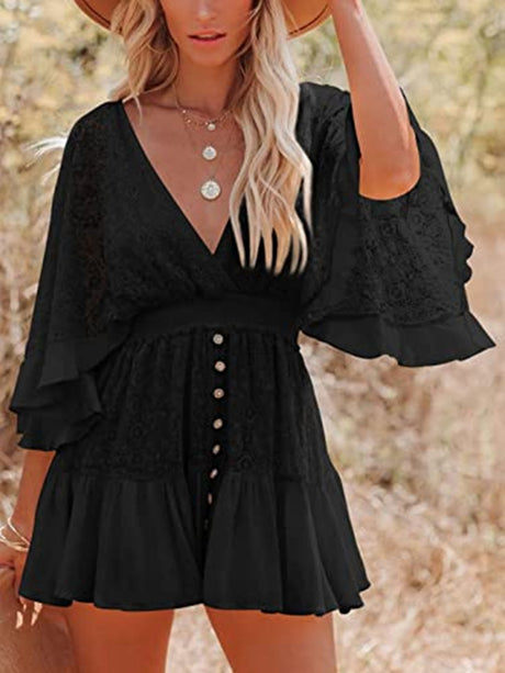 Lace Patchwork V-neck Batwing Sleeves Buttons Mini&Short Dresses