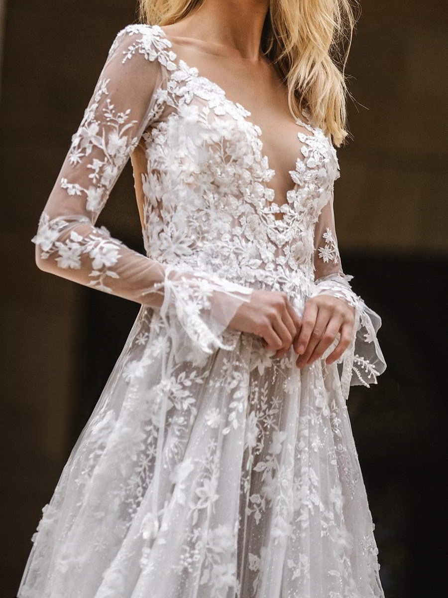 Sexy Long Sleeve V-neck Bridal Wedding Dress Maxi Dresses
