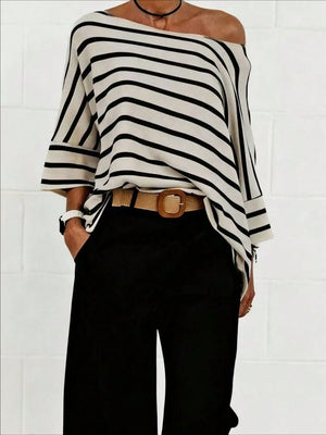 Off-shoulder Sloping Shoulders Loose-fit Stripes Commuting T-shirts