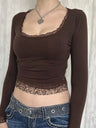 Lace Trim U-neck Long Sleeve Slimming Crop Top