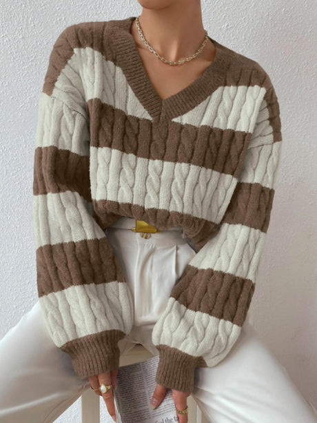Stripes V-neck Color Matching Knitted Sweater