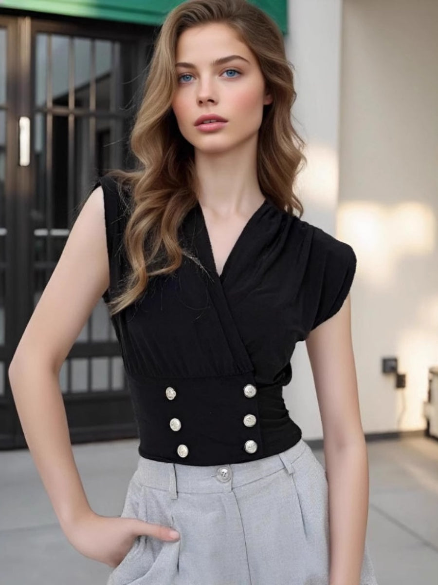 Black V-neck Cross Neck Double-row Pearl Buttons Commuting T-shirts