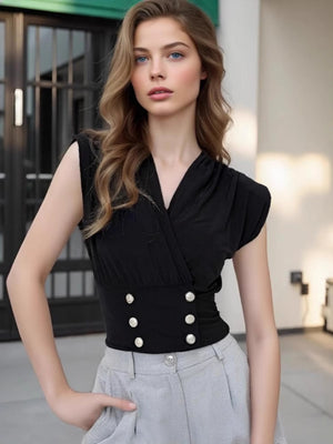 Black V-neck Cross Neck Double-row Pearl Buttons Commuting T-shirts