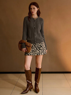 Wool Blend Cable Knit Crew Neck Single-breasted Cardigan