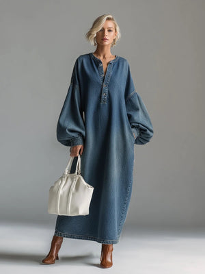 Lantern Sleeve Midi Denim Skirt