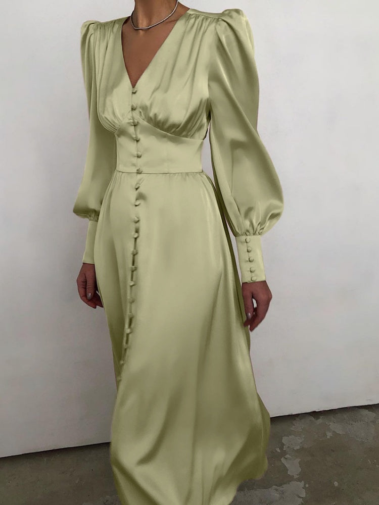 V-neck Satin Waist Retro Maxi Dresses