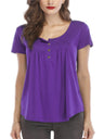 V-neck Pleated Buttons Loose-fit Short-sleeved T-shirt