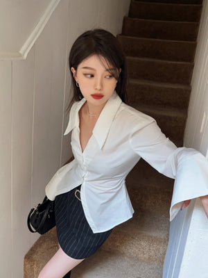 White Collared Long-sleeved Shirt For Women, Slim Fit, Waist-cinching Design, Unique And Stylish Top.