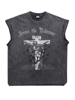 Washed Distressed God Printed Tank Tops