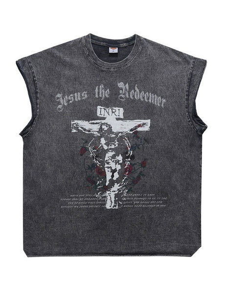 Washed Distressed God Printed Tank Tops